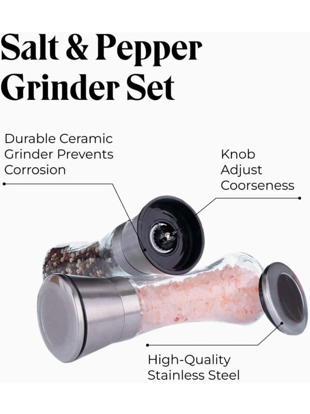 Stylish Stainless Steel Salt & Pepper Grinder Set with Adjustable Coarseness